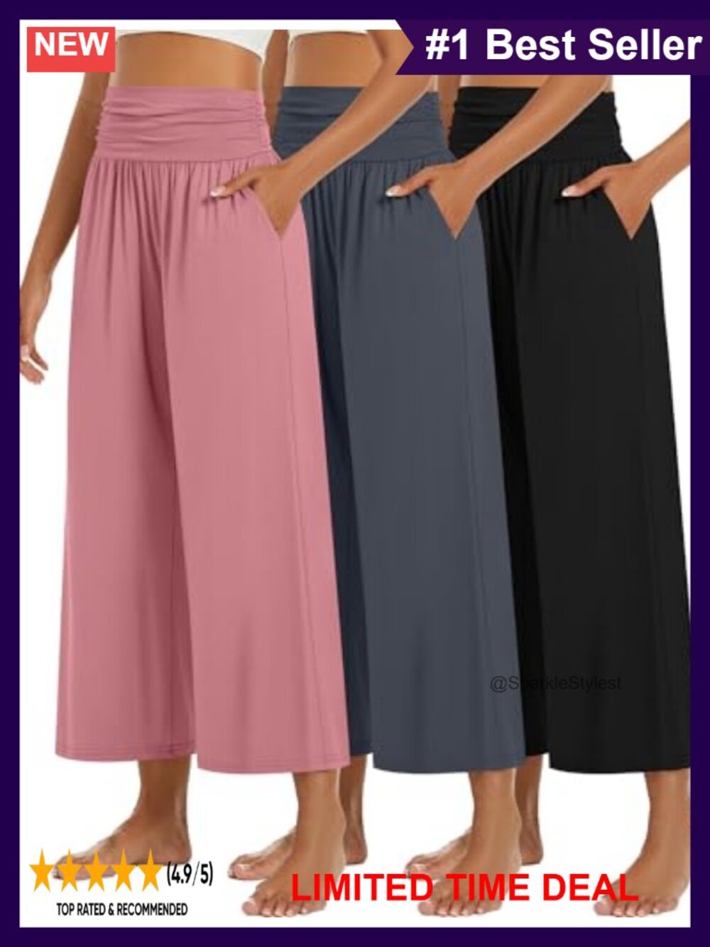 Women's Wide Leg Capri Pants High Waisted Pleated Lounge